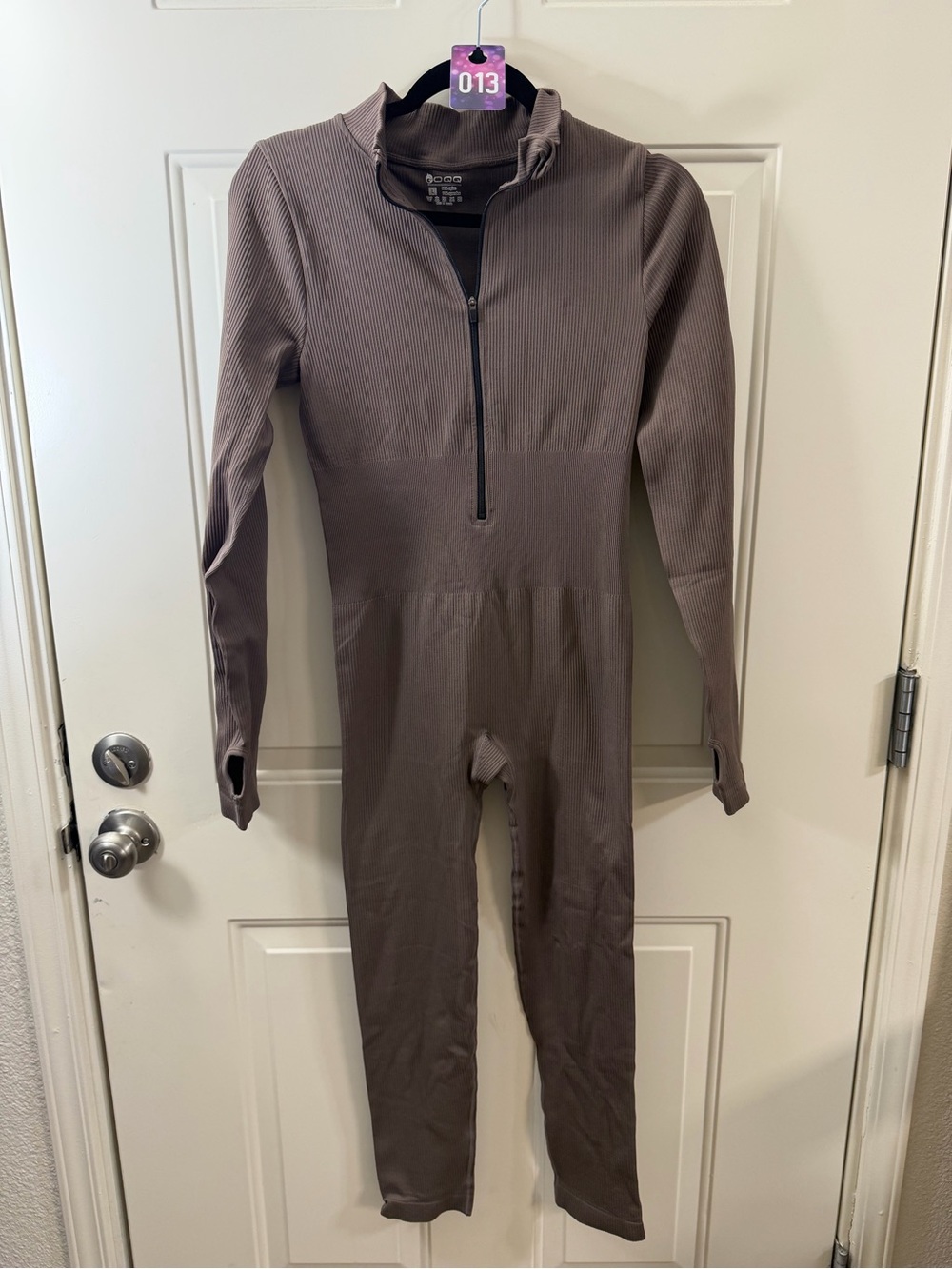 OQQ Ribbed Half Zip Jumpsuit Women’s Large Brown Long Sleeve 013